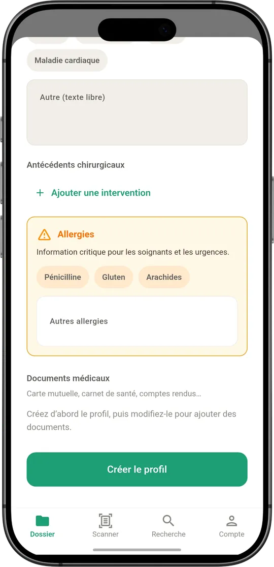 Profil médical : antécédents, interventions et allergies