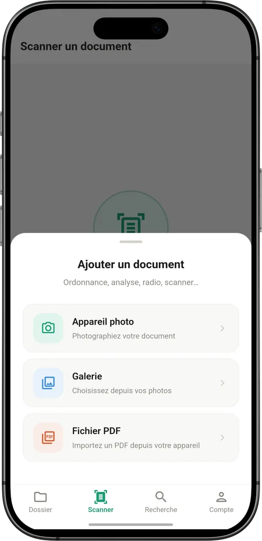 Ajout d'un document — appareil photo, galerie ou fichier PDF
